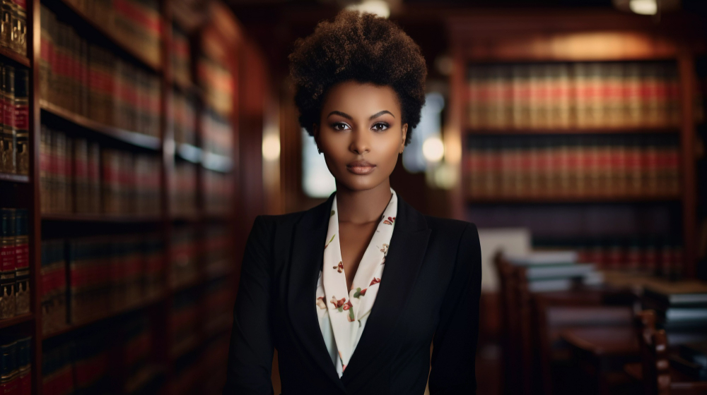 Uma advogada negra na biblioteca de um escritório de advocácia. Ela está trajando um terno preto e camisa branca